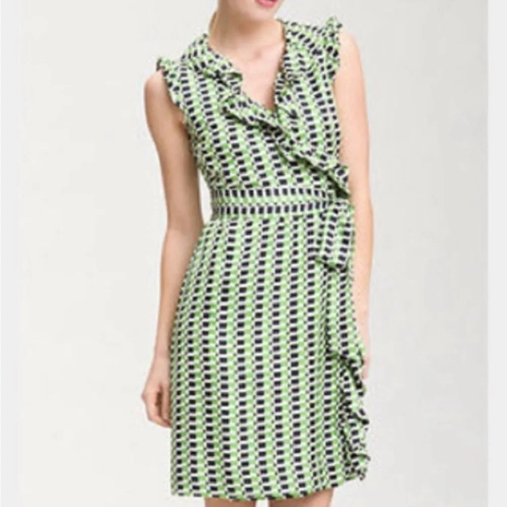 Kate Spade Aubrey Green Navy Silk Ruffled Neck Belted Wrap Dress size 4
